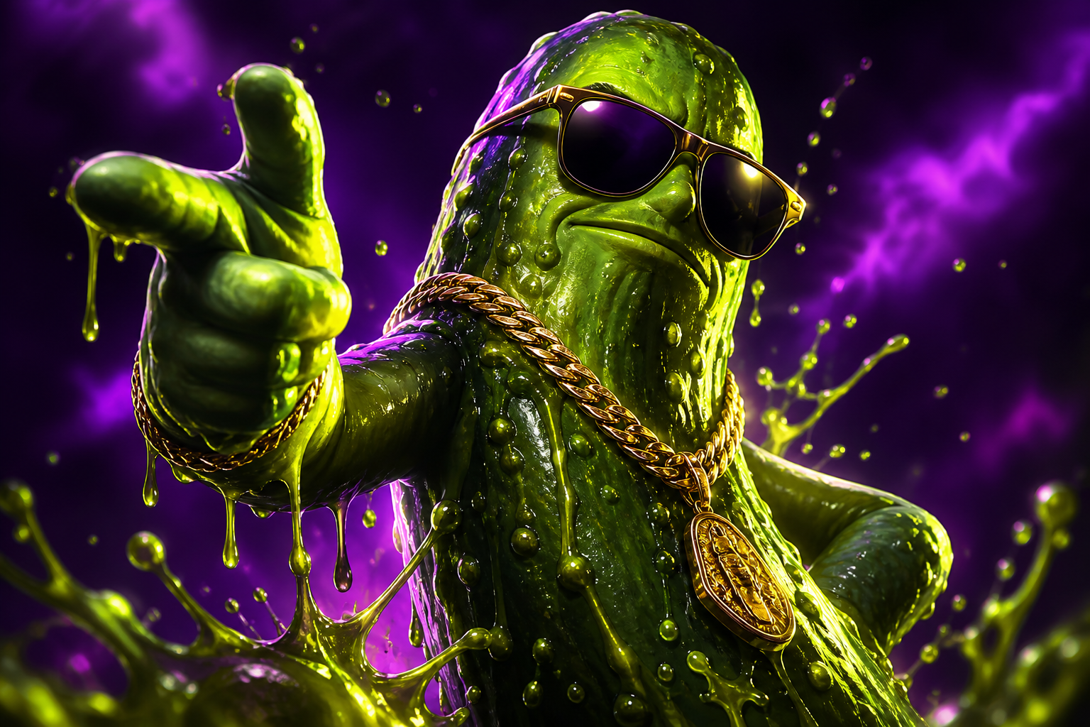 Stylized heroic pickle mascot with dramatic brine drip and neon glow
