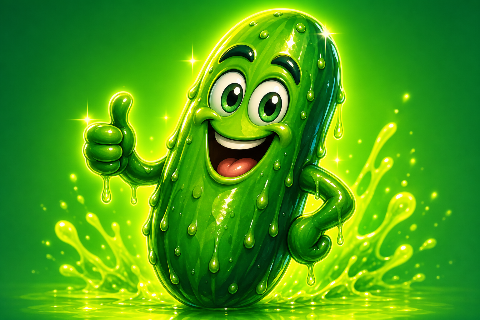 Glossy cartoon pickle mascot with sparkle highlights