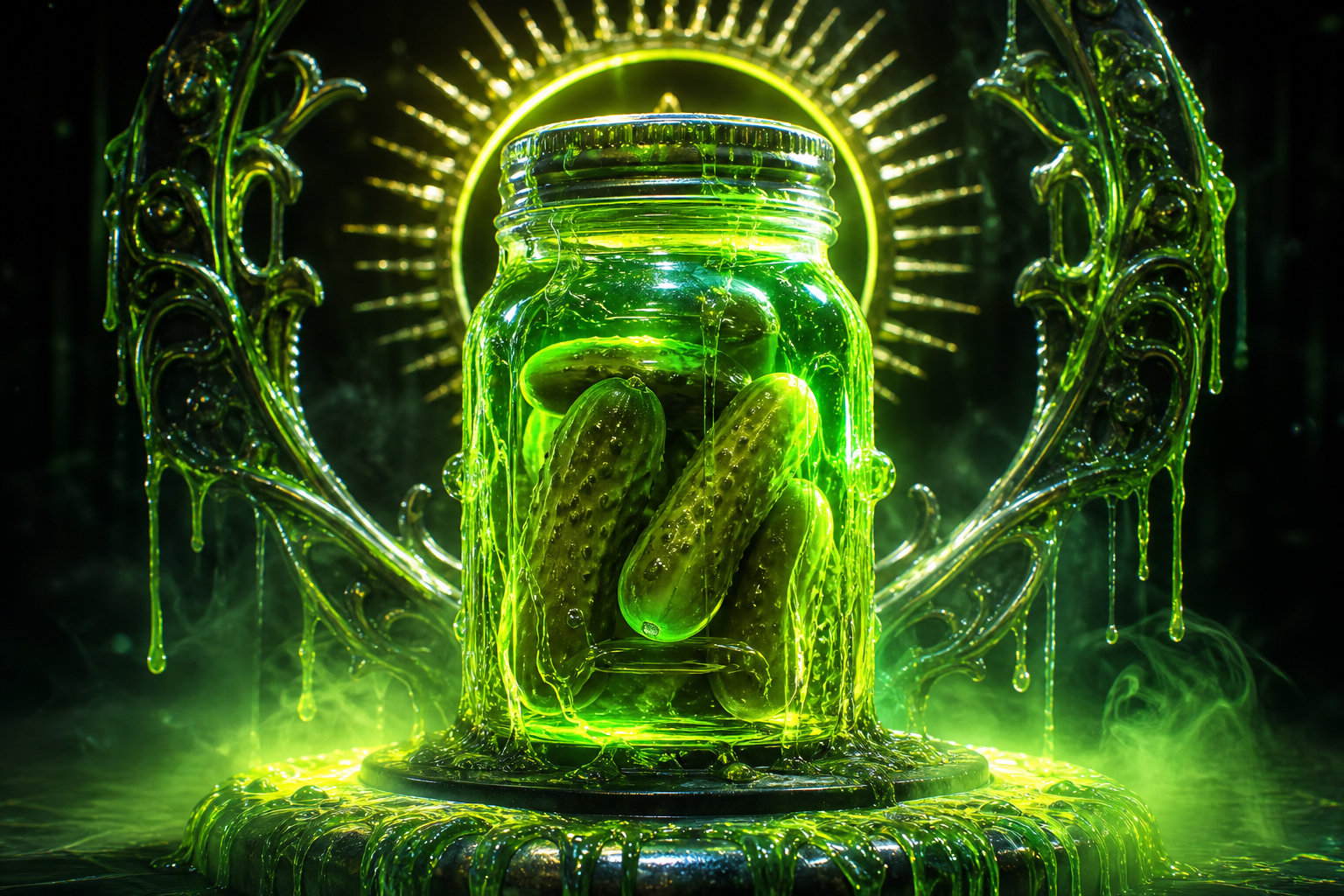 Glowing jar of pickles with neon brine illustration